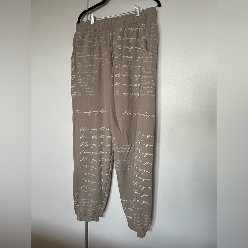Taylor Swift Taupe Script-Print Jogger Pants